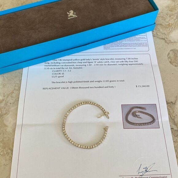 5.10 Carat Diamond Tennis Bracelet 14K Yellow Gold $17,000 Appraisal - Picture 4 of 12